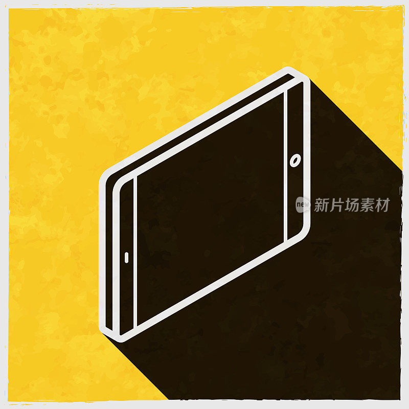 等距平板PC -水平位置。图标与长阴影的纹理黄色背景